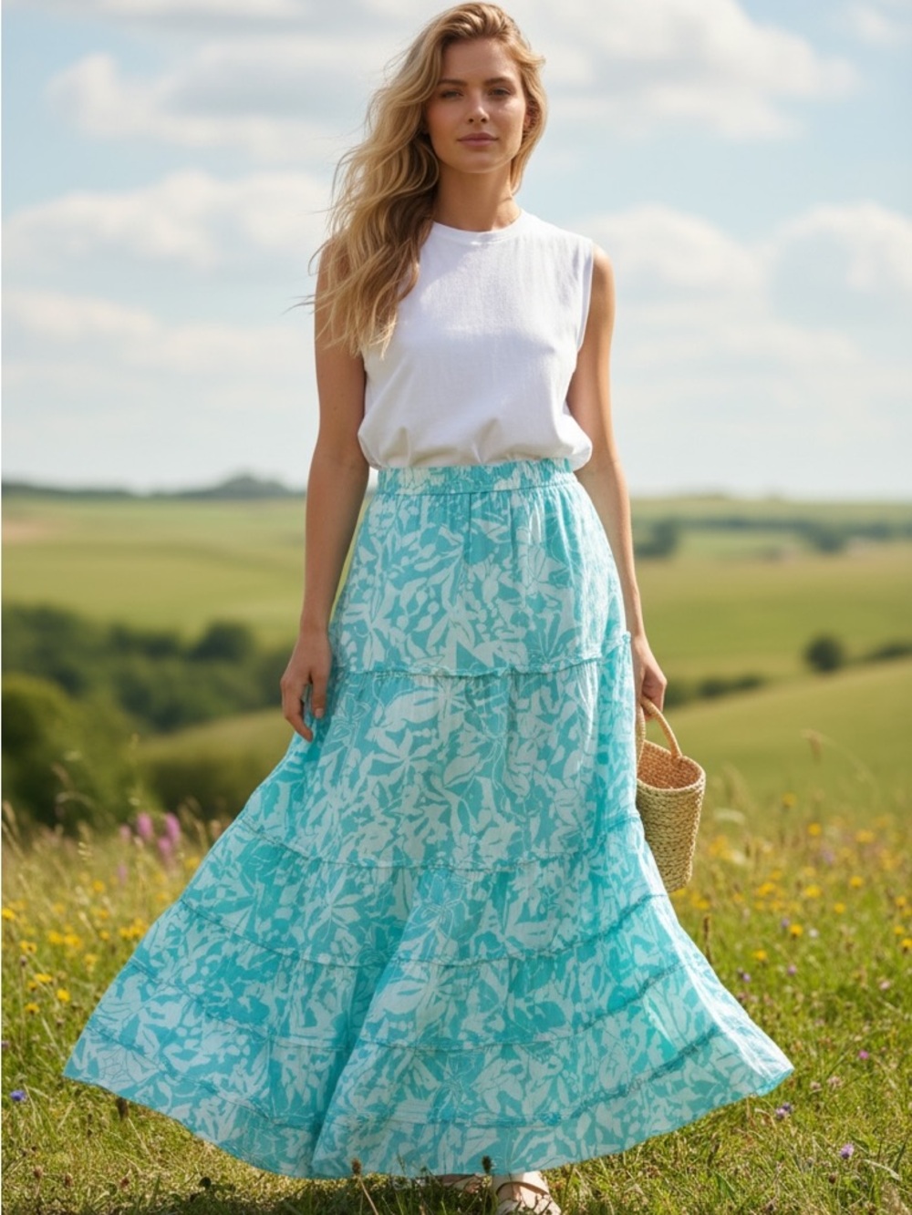 Jones New York Aqua Cotton Tropical Floral Boho Tiered Ruffle Maxi Skirt Size 16